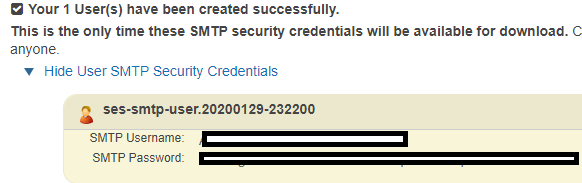 created aws ses credentials