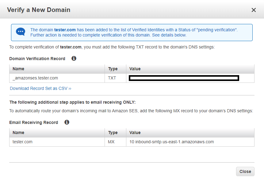 verify a domain in aws ses