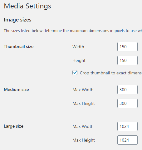 set image sizes in wordpress settings