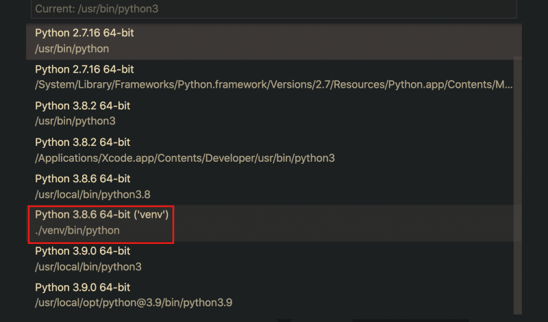 select virtual environment python interpreter